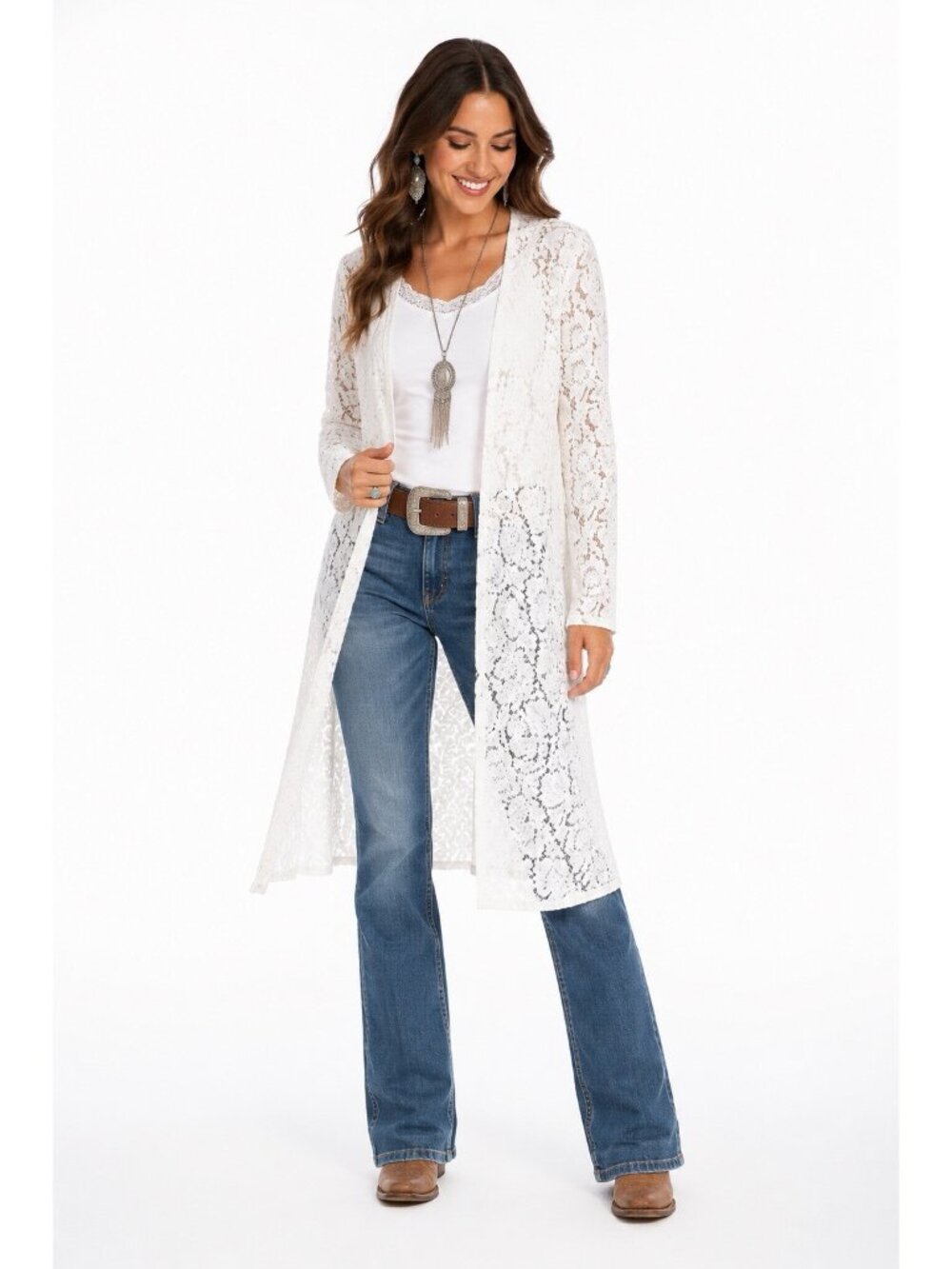 Shyanne Small Cream Lace Floral Duster Approx 46"L Long Sleeve Festival Boho EUC